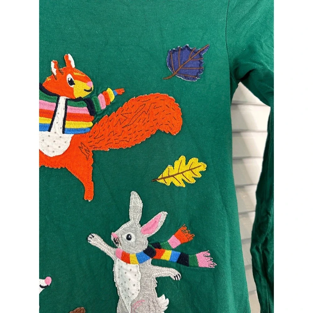 Mini Boden Size 7-8 Green Fall Autumn Forest Animals Applique Long Sleeve Dress